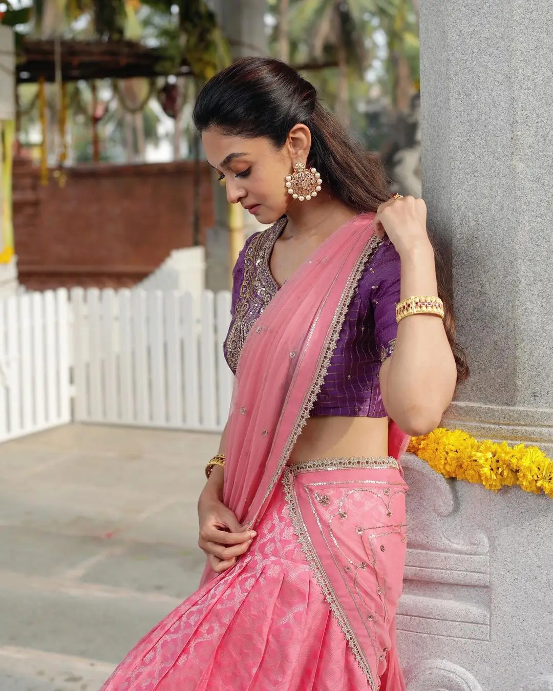 Indian Girl Aishwarya Arjun In Traditional Pink Half Saree Blue Blouse